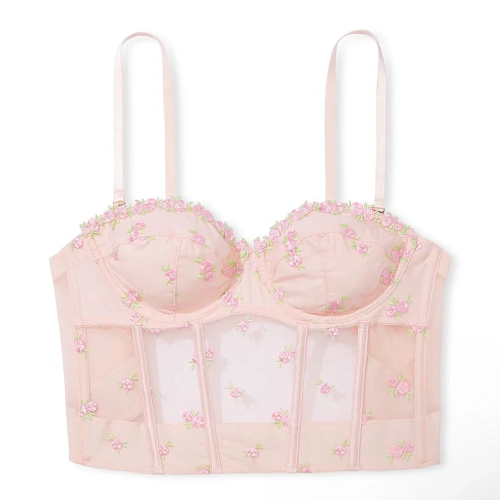 Rosebud Embroidery Unlined Strapless Plunge-Back Corset Top